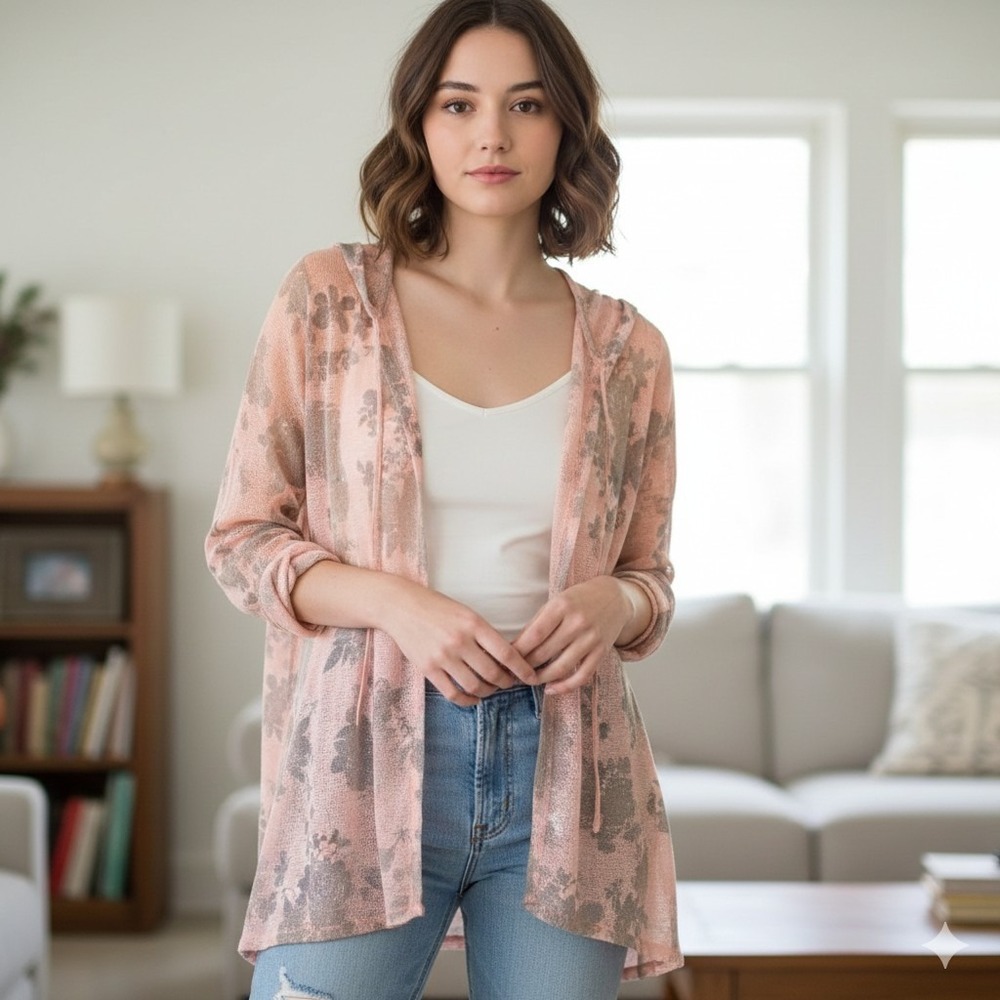 ONE A Open Weave Light Blush Long Cardigan Duster Sweater Long Sleeve Medium
